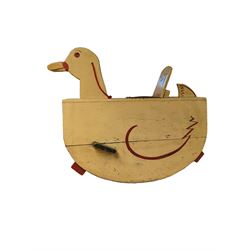 Mid 20th century rocking duck, painted in yellow with red details, H73cm, L79cm