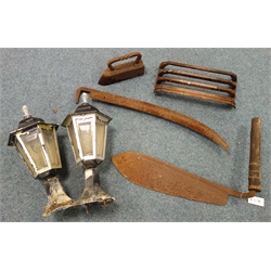  Pair Victorian style street lamps, scythe blade and hand held sycthe, metal fire guard and metal iron  
