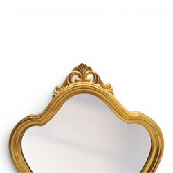 Rococo design gilt wall mirror, shaped and moulded frame, serpentine lower apron, enclosing a plain mirror 