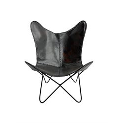 Butterfly Chair, black finish metal frame with stitched slung leather cover