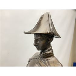 Large and impressive bronze figure of Wellington seated on a horse, on a sarcophogus shaped stepped base impressed 'Meunier Paris', the canted corners inset with battle trophies H68cm L50cm D22cm