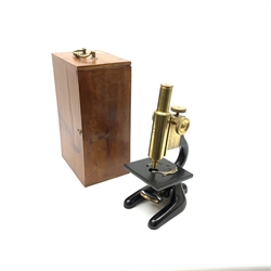 J. Swift & Sons London brass and black painted monocular microscope impressed SWIFT 2, with rack and pinion focusing, serial no.17841, H27cm, in yewwood(?) carrying case