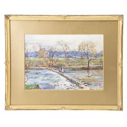 Rowland Henry Hill (Staithes Group 1873-1952): Girls Crossing the Stepping Stones, watercolour signed 26cm x 36cm