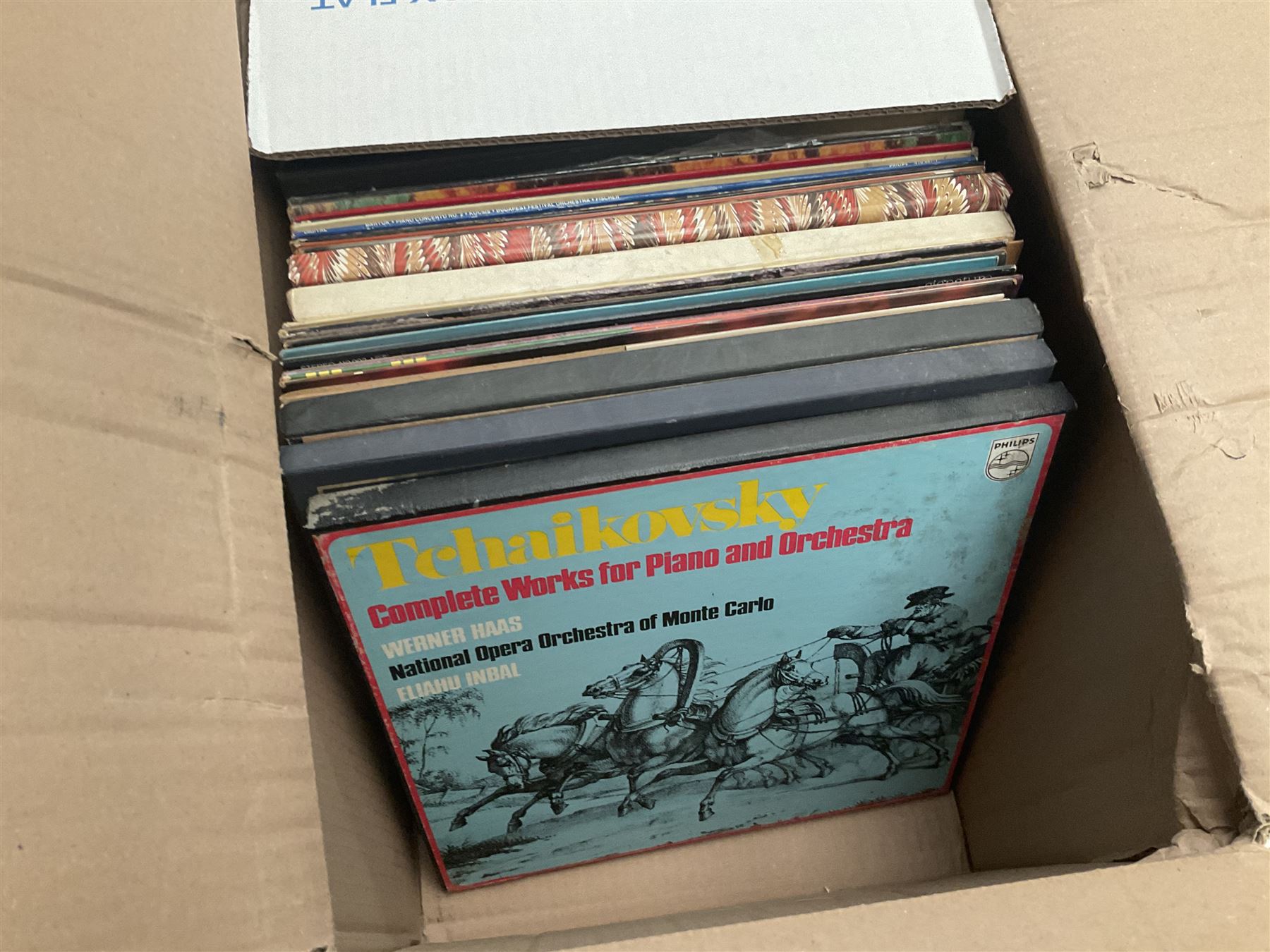 Collection of vinyl LP records in six boxes, mainly Jazz and Classical, including Beethoven The Nine Symphonies, Bartok, Chopin Recital, Joseph Haydn, etc