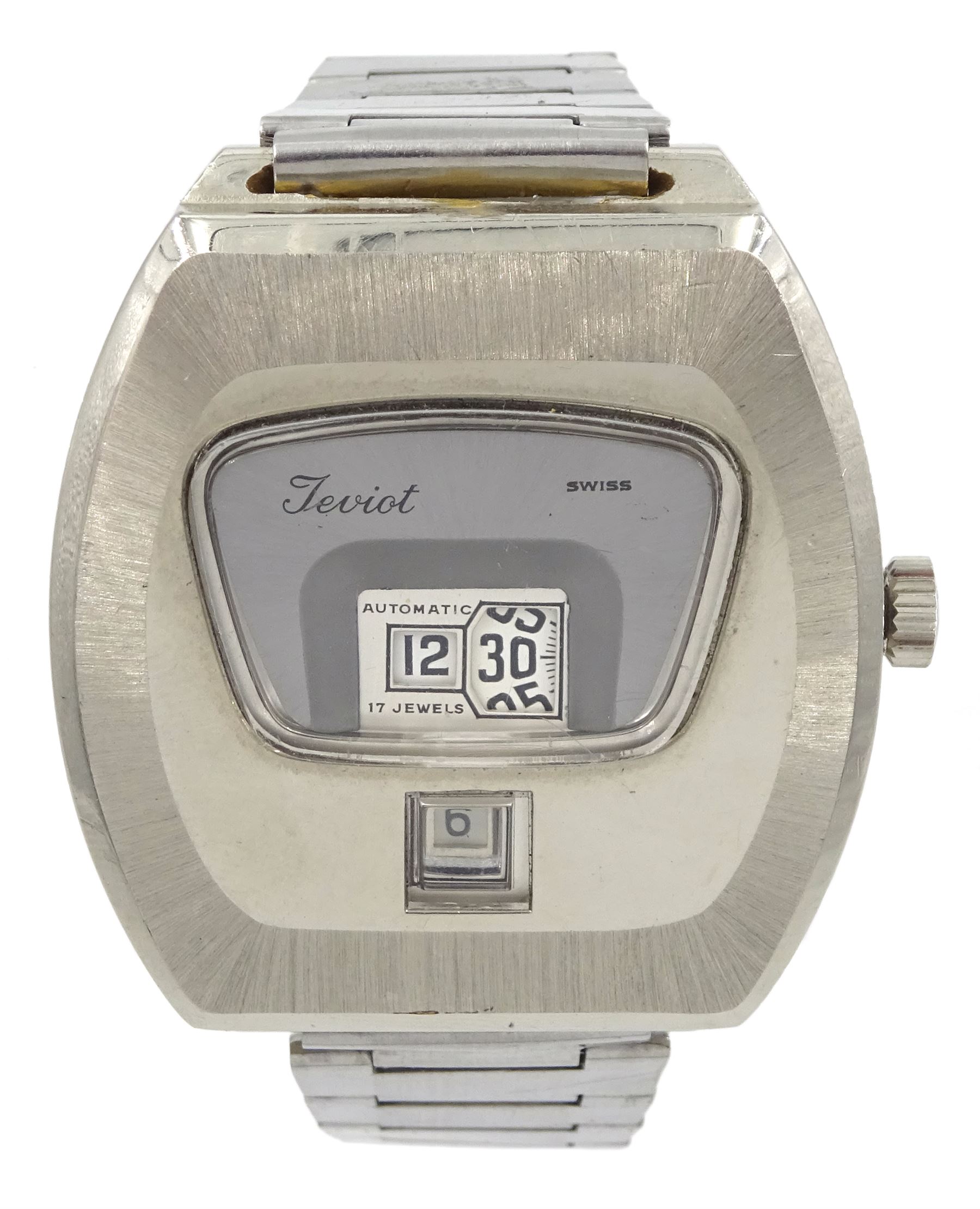 Teviot jump gentleman's automatic stainless steel and chrome plated wristwatch, back case No. 12653, on stainless steel strap