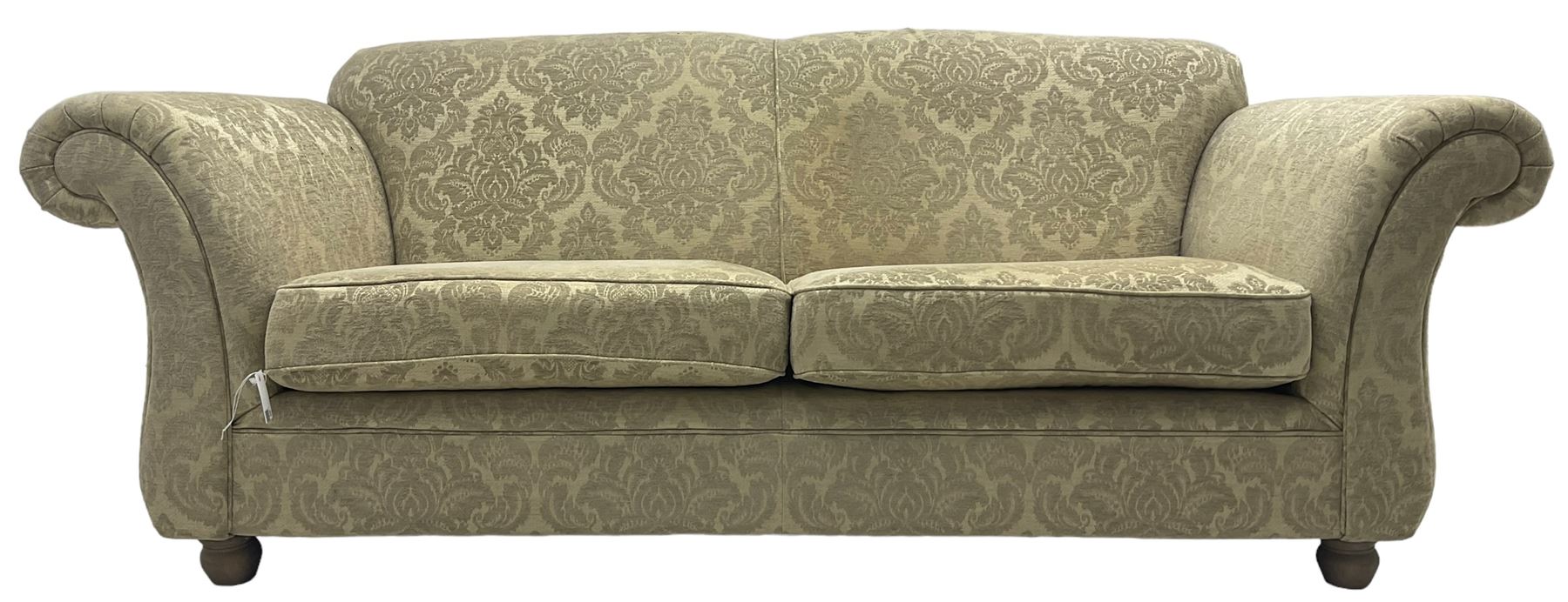 Traditional design three-piece lounge suite - three-seat sofa (W220cm, H90cm, D90cm); two armchairs (W115cm); and two footstools (77cm x 43cm, H31cm); upholstered in cream damask fabric