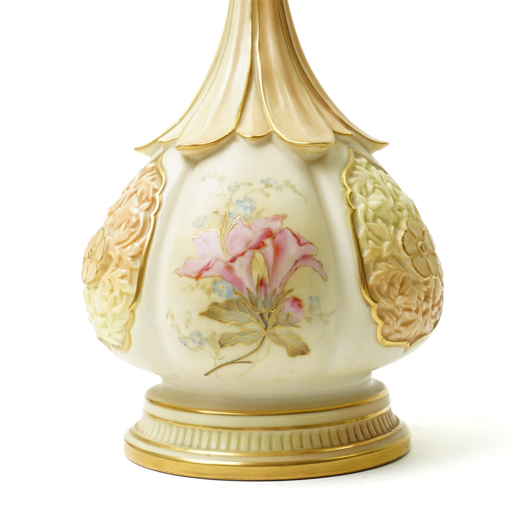 Late Victorian Royal Worcester bottle vase decorated with panels of flowers on a blush ivory ground, shape 859, date code 1894 H28cm