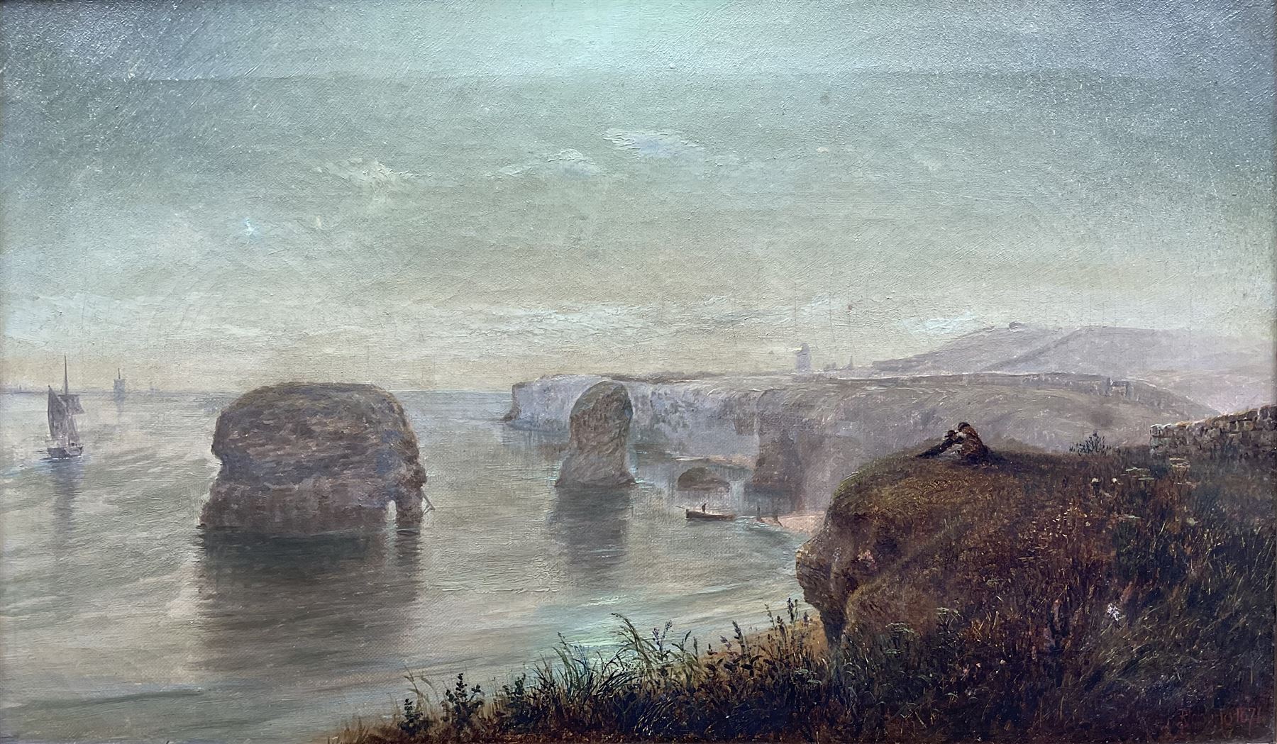 Robert Jobling (Staithes Group 1841-1923): Figures on the Clifftop overlooking Sea Stacks, oil on canvas signed and dated '1874, 29cm x 49.5cm