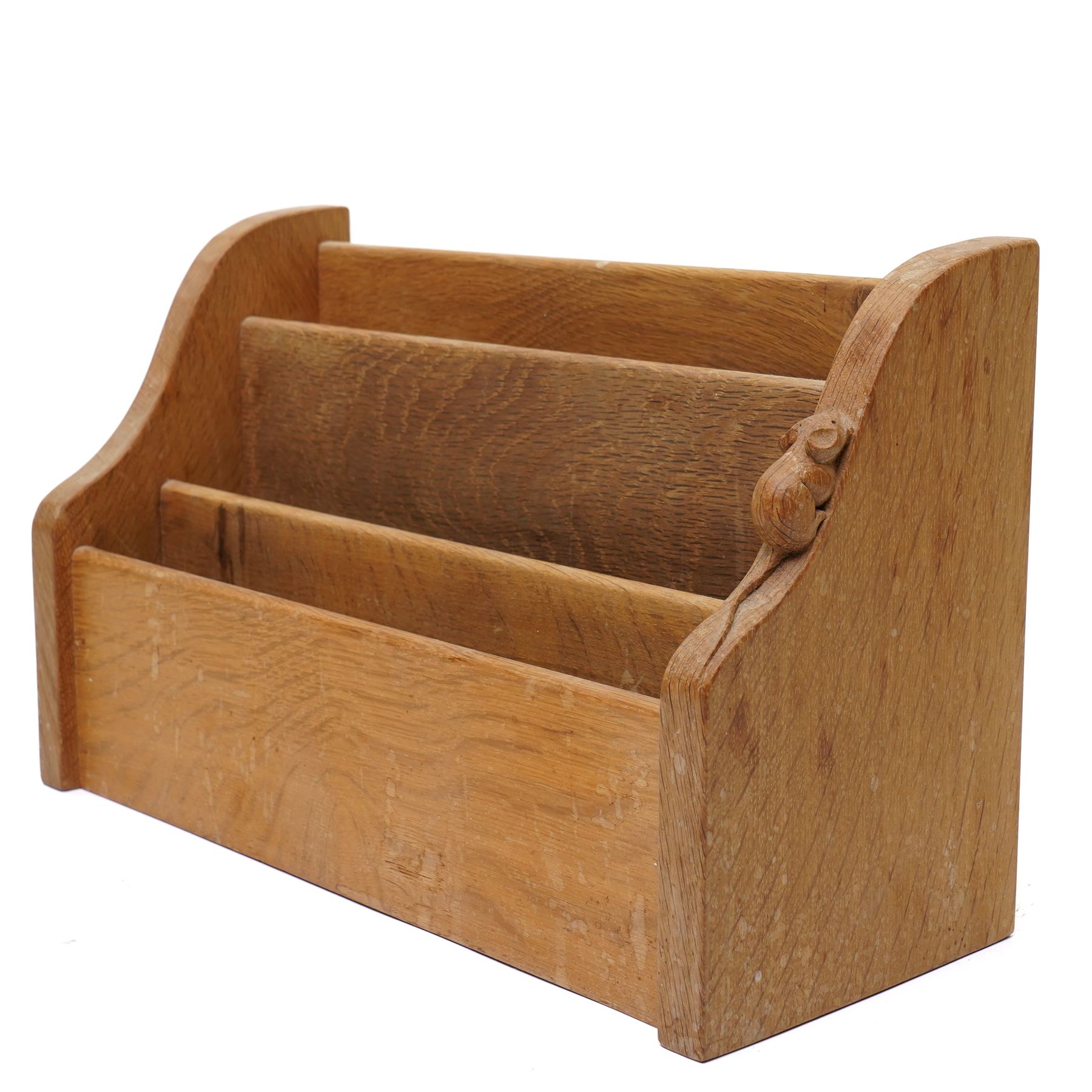 Mouseman -  oak letter rack, three tiered with carved mouse signature, by the workshop of Robert Thompson, Kilburn, W33cm