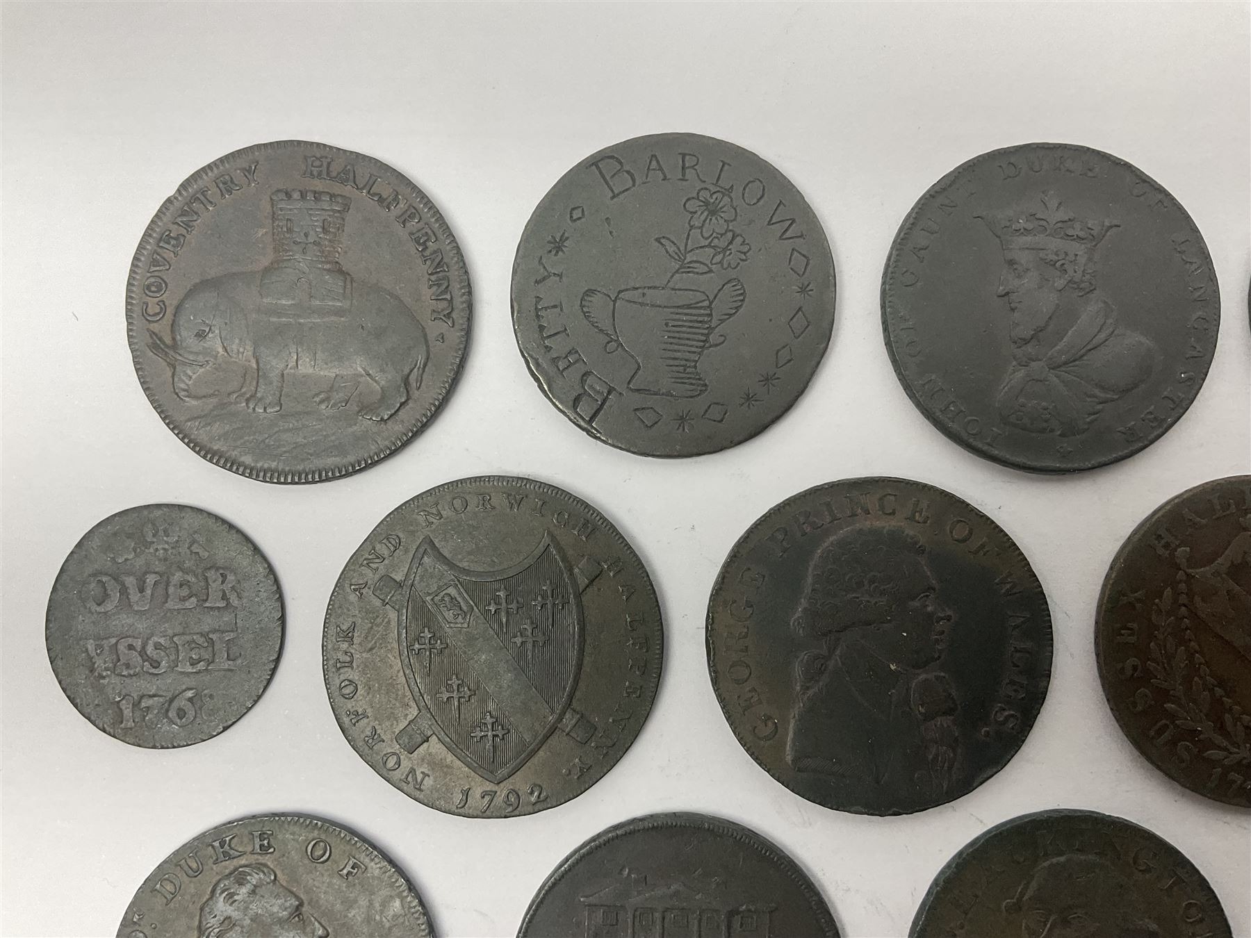 Thirty six late 18th century onwards tokens to include Georgian love token engraved ‘Betty Barlow’ to reverse of 1788 Anglesey Mines halfpenny, 1792 Coventry halfpenny, 1792 North Wales halfpenny, 1795 Duke of York halfpenny etc 