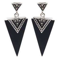 Pair of silver black agate and marcasite triangle pendant stud earrings, stamped 925