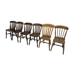 Set four elm farmhouse style dining chairs; 19th century stick back chair; and 19th century elm and beech chair (6)