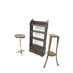 Early 20th century mahogany open book case, three shelves above four drawers (W54cm, H111cm, D19cm) an oak jardinière stand and a side table (3)
