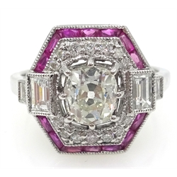  Art Deco style diamond and ruby white gold ring stamped 18k, old cut central diamond approx 0.8 carat   