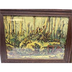 WW1 chromolithograph print of a battle scene with French and German soldiers in a wood, entitled 'De Wereldoorlog 1914-18 Slag Van Houthulst' 35 x 49cm, oak frame; and a framed WW1 regimental testimonial to 49744 Pte. E. Jagger KOYLI, gilt frame (2)