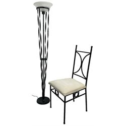 Wrought metal standard lamp (H170cm); wrought metal side chair with curved X-framed back over upholstered seat (W49cm)