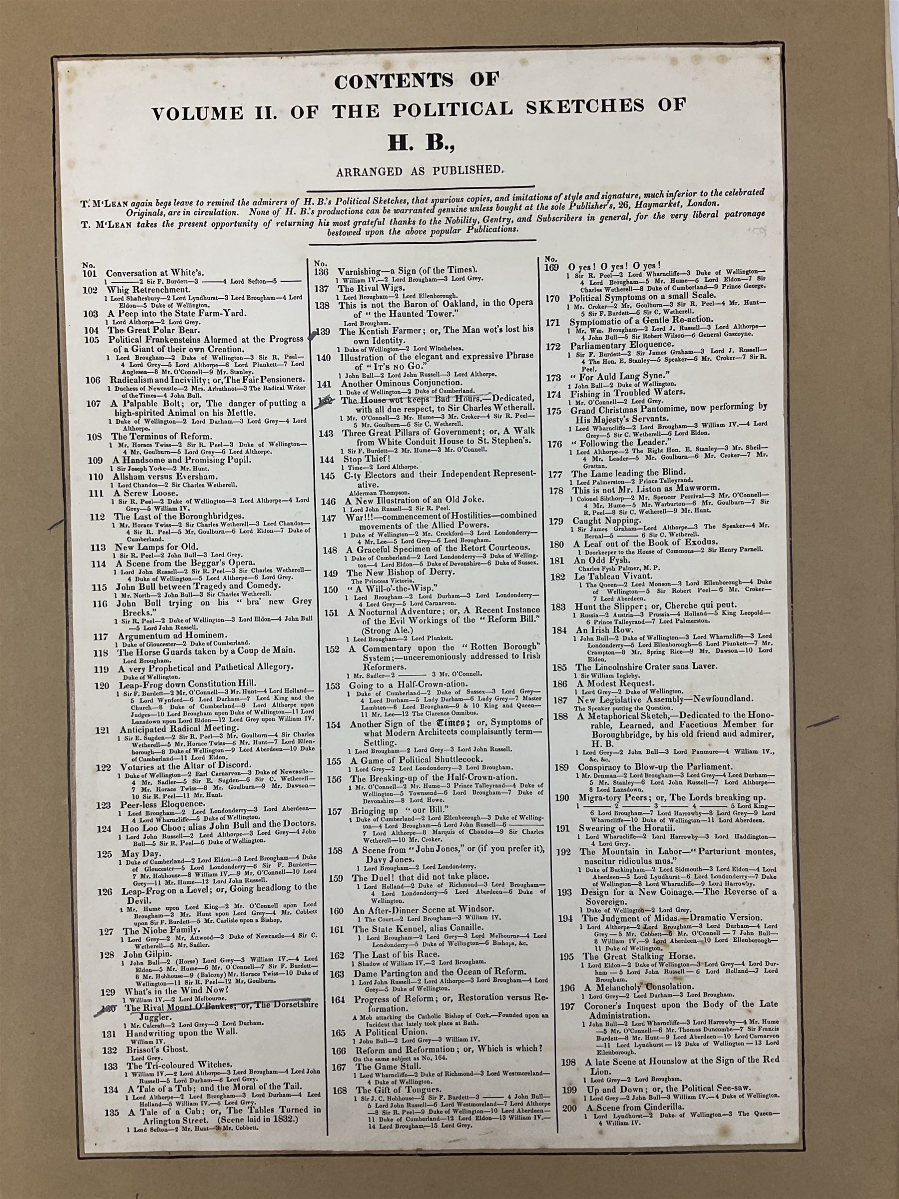 Doyle, John, pseud. H.B.; Political Sketches by H. B., volume 2 (only), published Thos. McLean, circa 1832, and a folio of loose sketches
