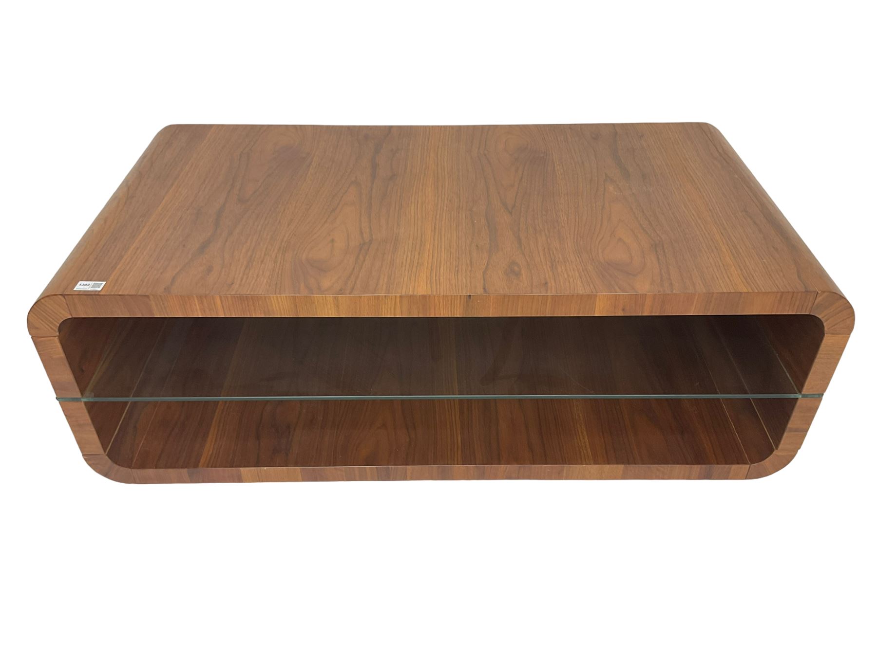 Contemporary walnut coffee table, curved rectangular form, fitted with central glass shelf