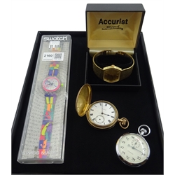  Accurist gold-plated Shockmaster manual wristwatch, Swatch Musicall quartz wristwatch melody by Philip Glass purchased 1995 boxed with papers both cased, Stadion stop watch and an Elgin gold-plated hunter pocket watch  