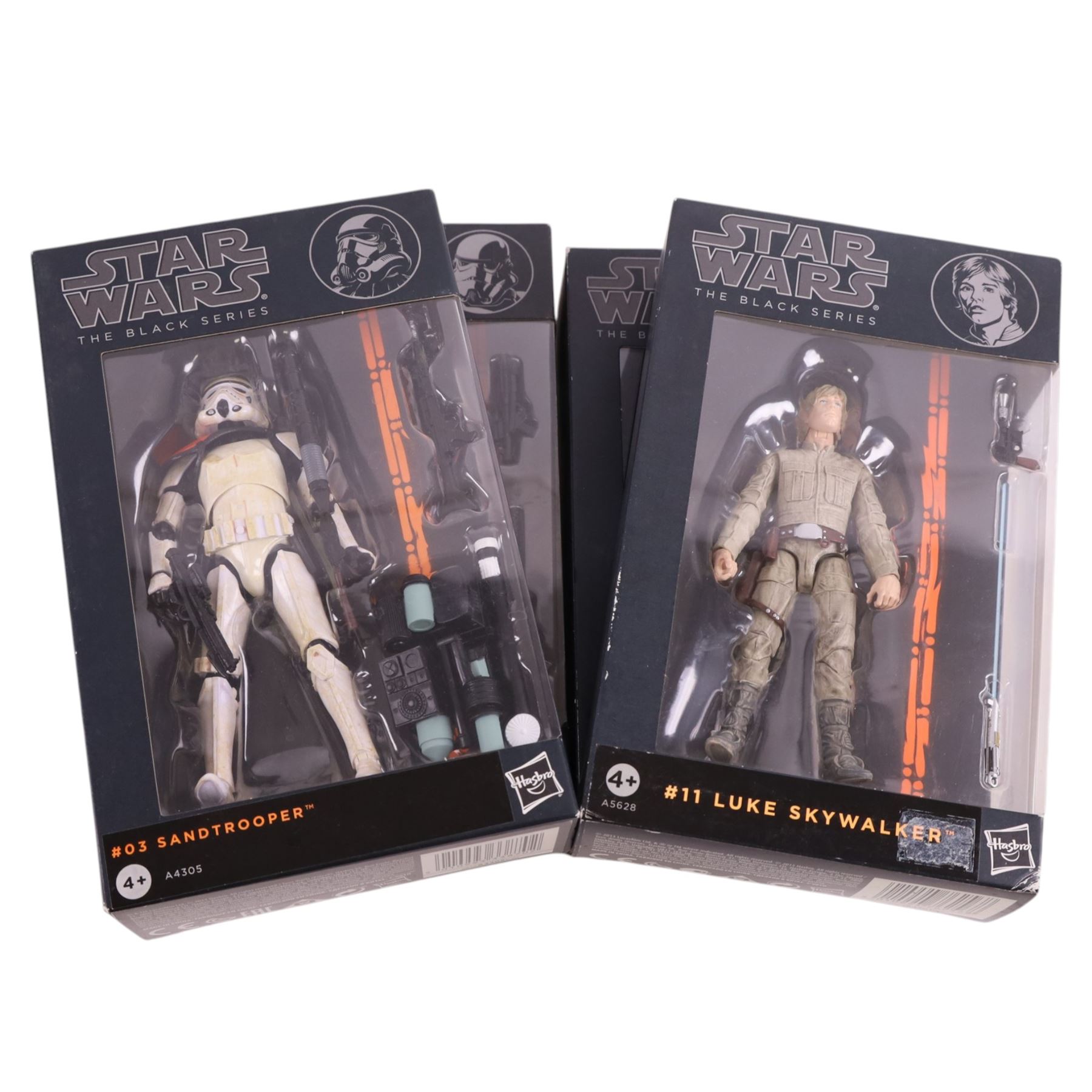 Complete set of thirteen Star Wars The Black Series Orange Wave action figures, comprising Luke Skywalker, Darth Maul, Sandtrooper, R2-D2, Princess Leia, Boba Fett, Greedo, Han Solo, Stormtrooper, Obi Wan Kenobi, Luke Skywalker, Anakin Skywalker, Clone Trooper, all boxed
