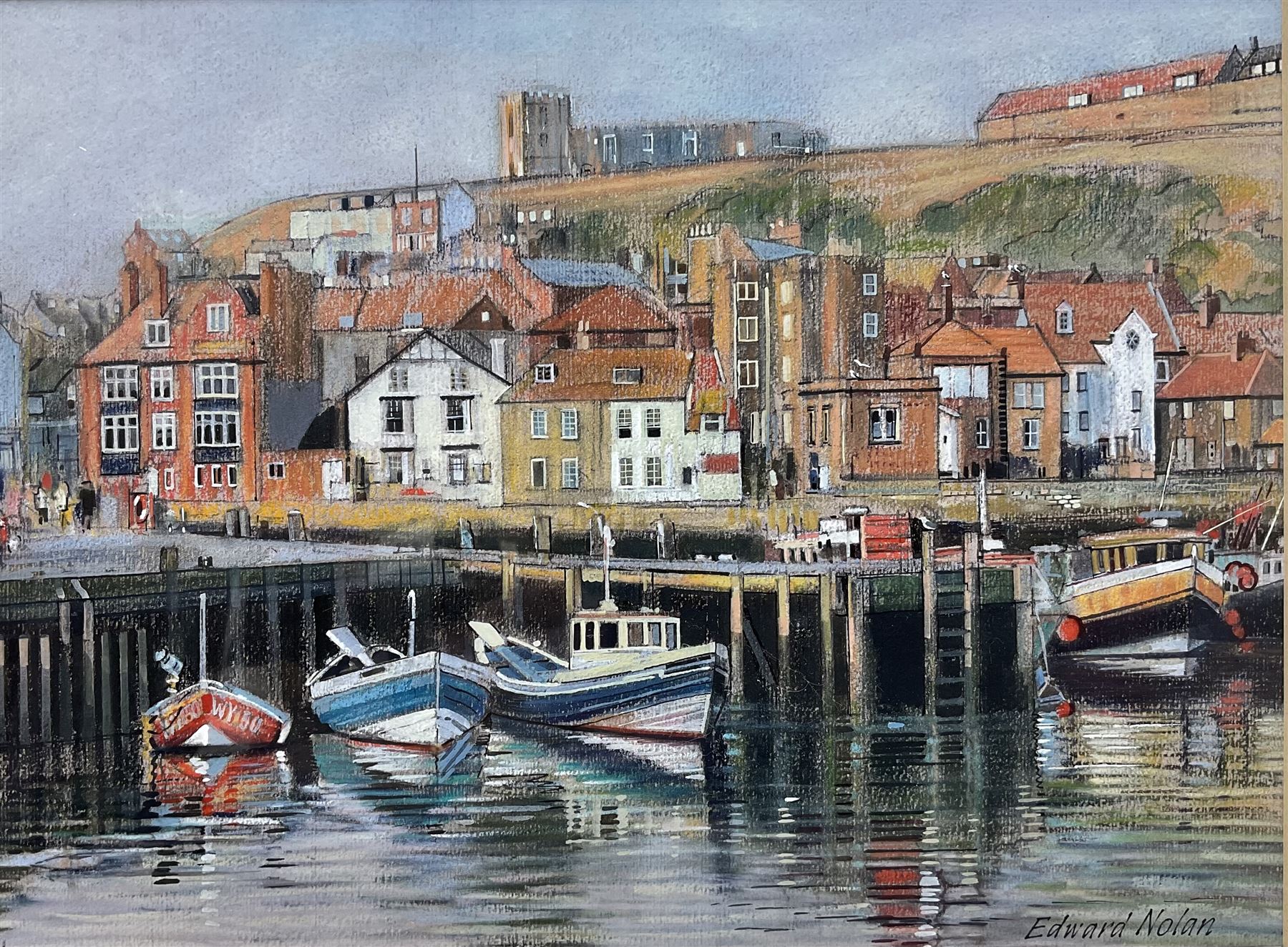 Edward Nolan ARCA (British 1934-): Fishing Boats on Whitby Quayside, pastel signed 22cm x 30cm 
Provenance: with The Penny Hedge Gallery Whitby, label verso