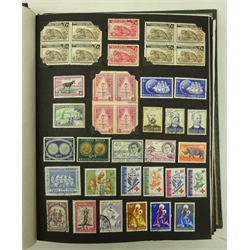  Collection of Belgium Colony and French Colony stamps in one album including Belgium Congo and Ruanda-Urundi, mint stamps, overprints, stamp pairs and blocks, Belgium Congo stamps with Ruanda-Urundi overprints, French Congo and other similar stamps  