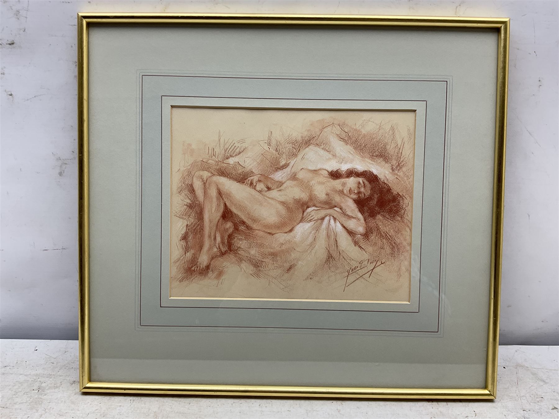 Yves Diey (French 1892-1984): Female Reclining Nude, sanguine crayon/chalk drawing signed 21cm x 27cm