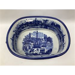 Blue and white transfer printed footbath, decorated with town scene and with twin carry handles, L48cm