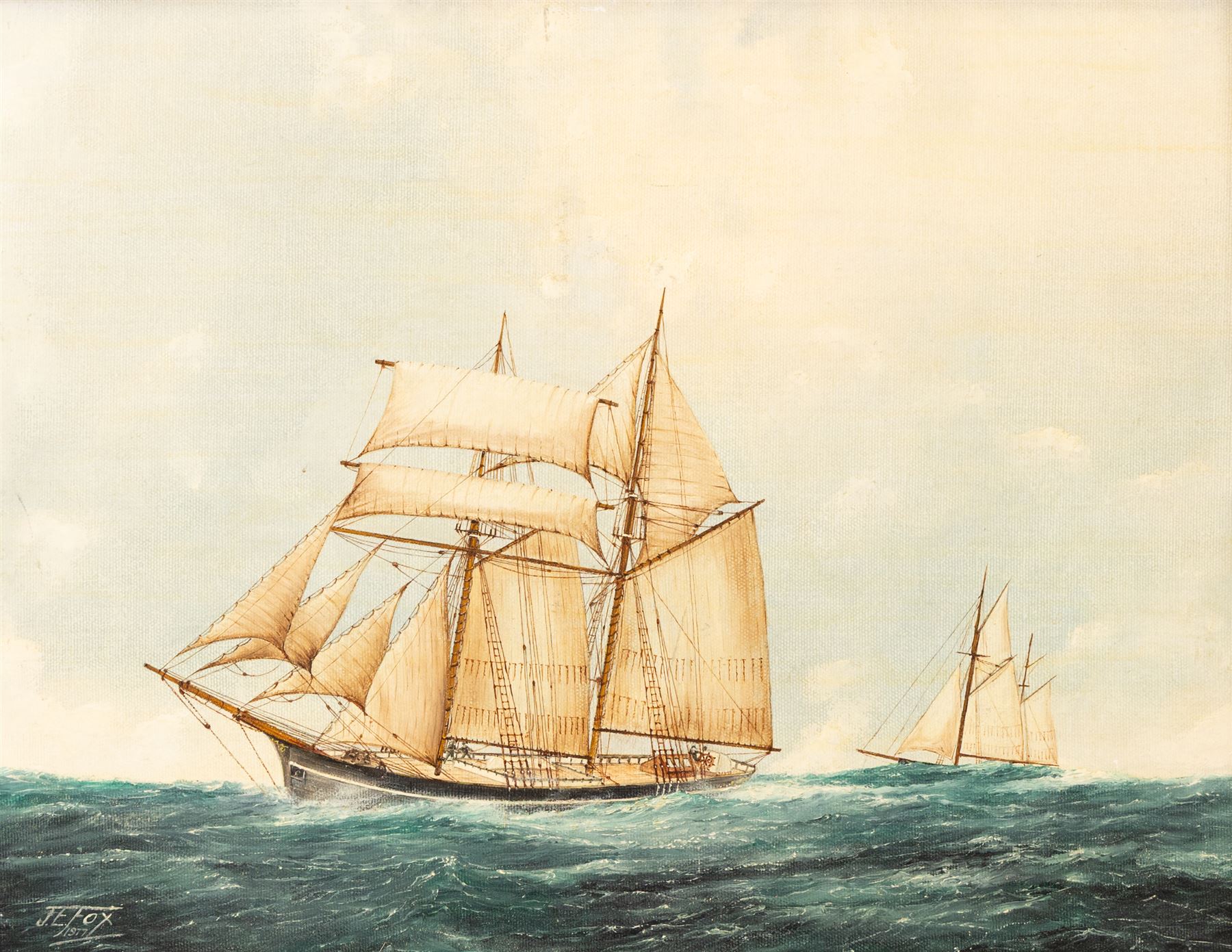 J E Fox (British 20th Century): Sailing Boats at Sea, oil on canvas board signed and dated 1977, 34cm x 44cm 