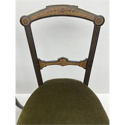Set three late Victorian salon side chairs, ebonised frames inlaid with amboyna wood, with applied brass beading, turned and fluted supports with gilt detail