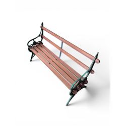 Coalbrookdale - Lily Pad design cast iron an wood slatted garden bench, late 19th century Aesthetic Movement, no. 217569, distressed green paint, iron centre support and seat stretcher, hardwood slatted