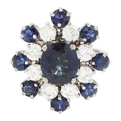 18ct white gold sapphire and diamond cluster ring, single oval cut sapphire of approx 1.85...