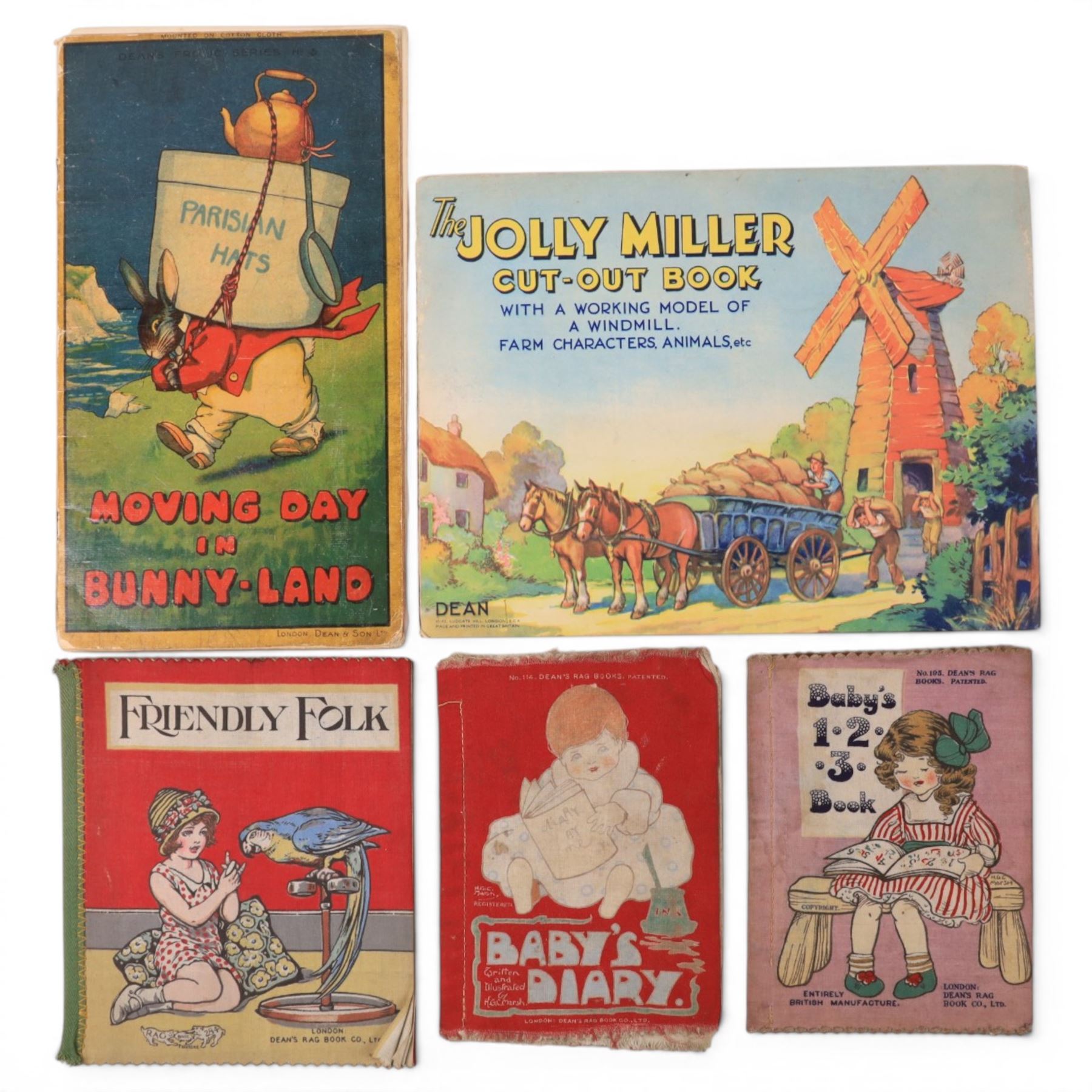 Ten late 19th/early 20th century children's picture books, published by Dean/Dean's Rag Book, titles comprising Moving Day in Bunny Land, The Jolly Miller Cut Out Book, Bonzo's Story Book, Mrs Dove's Party, Dicky Birds ABC, Baby's 123 Book, Friendly Folk, Baby's Diary, A Was An Archer and The Three Tiny Pigs