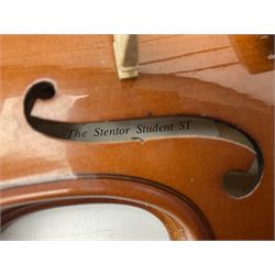 Four student violins - two Chinese three-quarter size with 33.5cm and 34cm two-piece backs; Stringers of Edinburgh quarter size with 28cm two-piece back; and Stentor quarter size with 28cm two-piece back; each in carrying case (4)