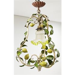 A toleware light fitting modelled with fruiting lemon vines around a frilled glass shade, approximately H48cm