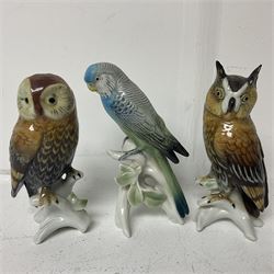 Seven Karl Ens bird figures, including barn owl, eagle owl, blue tit, budgerigar etc, all with mark beneath, tallest H17cm 