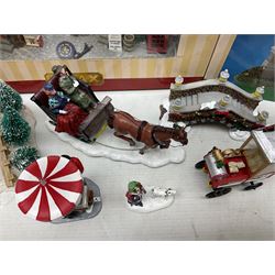 Christmas decorations; Lamax light up English Lane wall hanging, together with Lemax Frolic in the snow, Victorian parkway and other christmas signs and figures