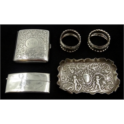  Silver cigarette and card cases, pair napkin rings and a pin tray hallmarked approx 5.8oz  