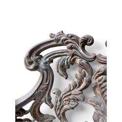 19th century Rococo Revival cast iron garden chair, pierced back comprised of scrolling acanthus leaves, over a pierced geometric white painted drop-in seat, raised on four acanthus and anthemion shaped cabriole supports united by X-frame stretcher