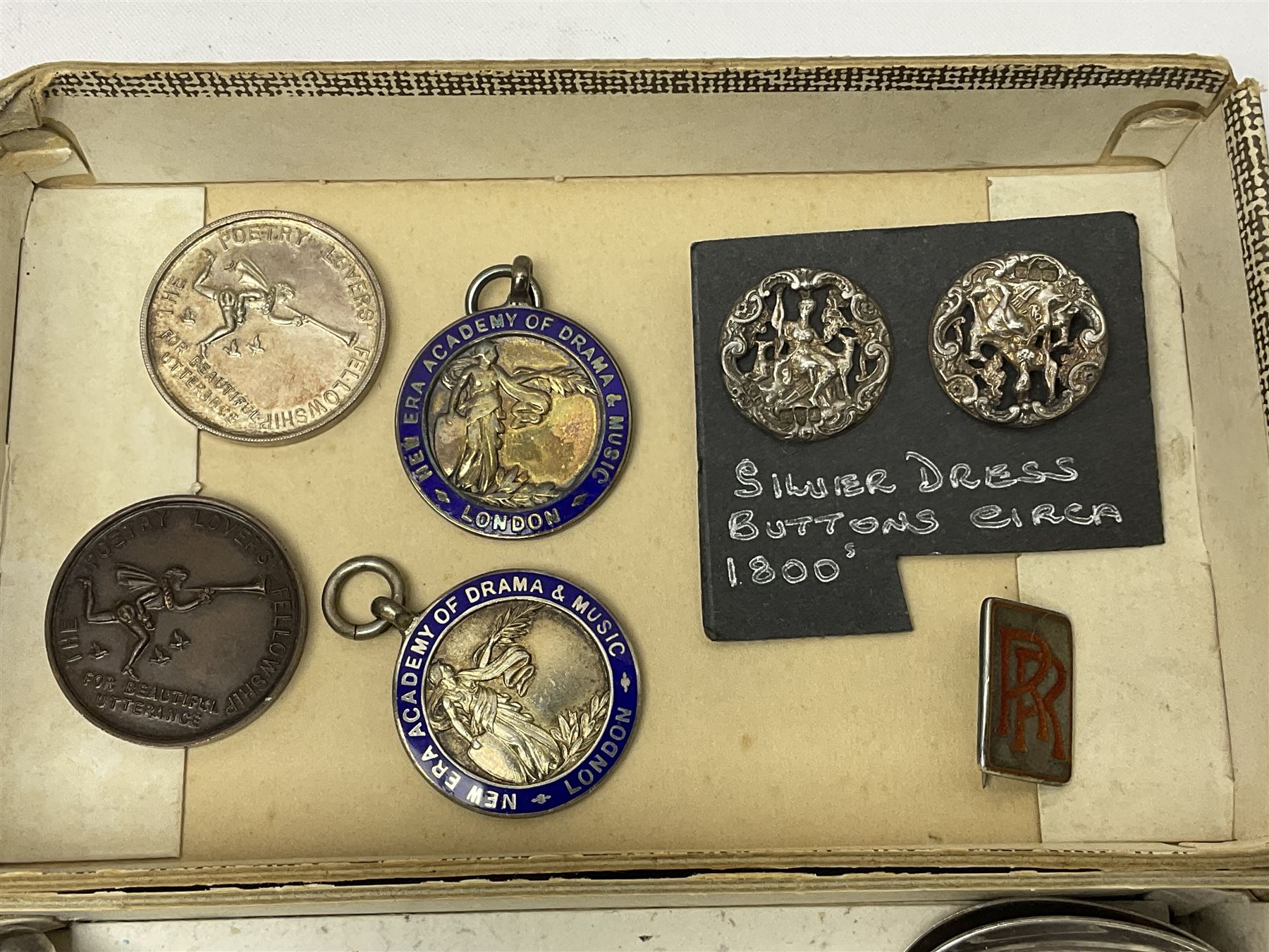 Pair of Georgian silver dress buttons, silver caddy spoon, silver fob medals, silver watches, set of six silver plated teaspoons, set of gilt buttons with ship design, etc