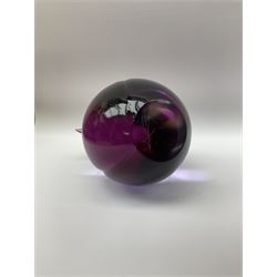 Livio Seguso (Italian, 1930-), Murano glass penguin paperweight in purple and blue, H12.5cm, together with another paperweight modelled as a polar bear for Graglas of Germany, c1970, both with etched marks beneath