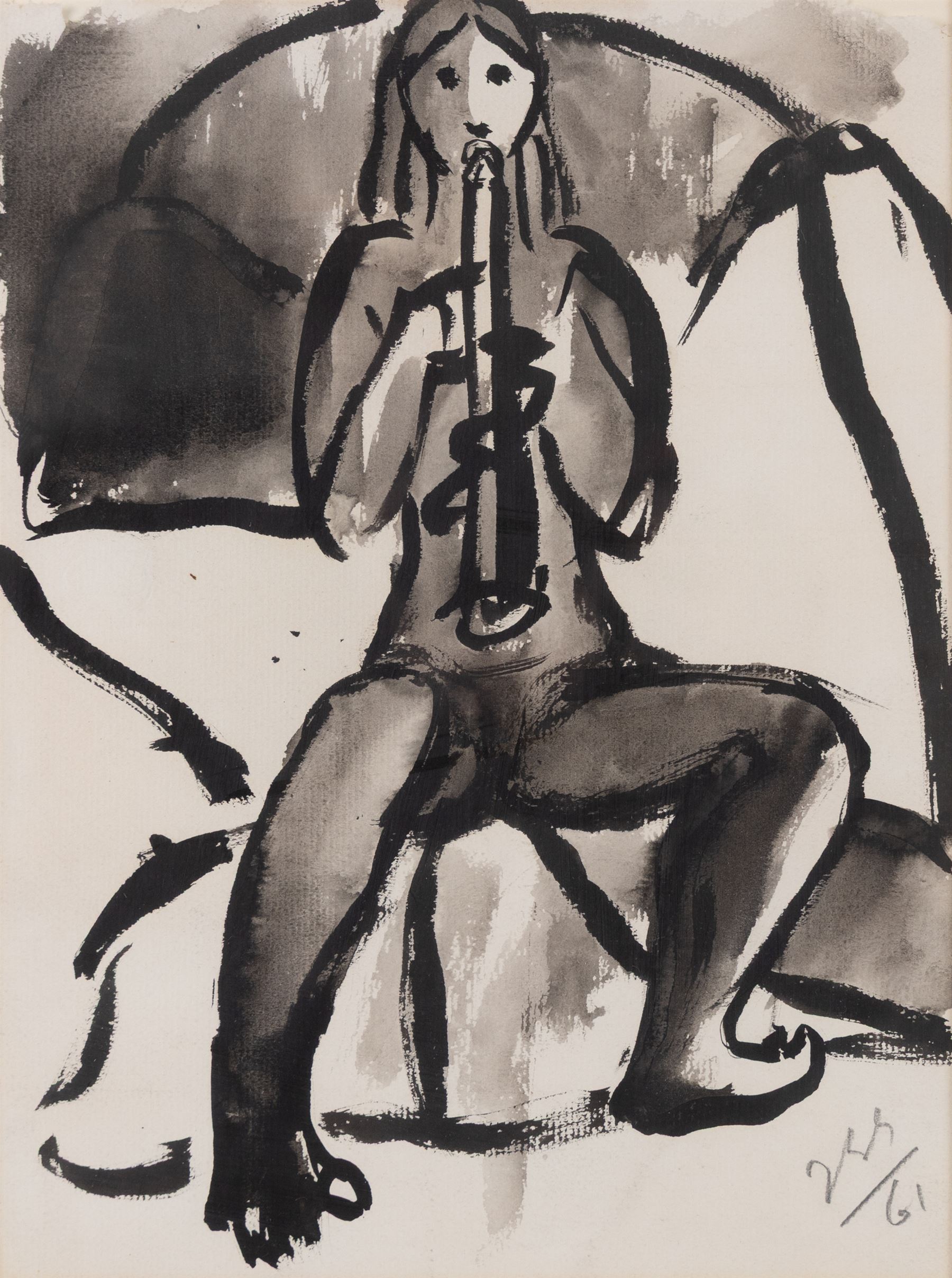 Jean-Georges Simon (Austria-Hungary 1894-1968): Nude Woman Playing Flute and Nude Study, two pen and ink drawings, one signed with initials and dated '61, 30cm x 22cm and 19cm x 13cm (2)