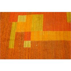 Vintage handwoven modernist rug with cubist design in contrasting tones of amber and orange
