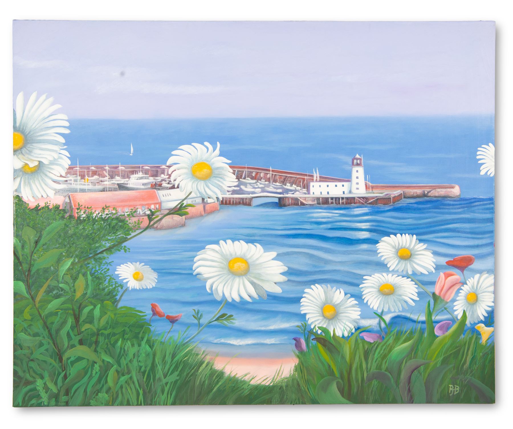 Peter J Bailey (British 1951-): 'Land Meets Sea' - Scarborough Harbour viewed through Daisies, oil on canvas signed with initials, titled verso 81cm x 102cm (unframed)