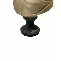 After R Monti, The Bride, a composite bust modelled as a veiled woman wearing a garland of flowers, on socle base, overall H38.5cm.