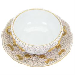 Meissen style Schneeballen or Snowball ecuelle, cover, and stand, profusely encrusted throughout with small white flower heads, with gilt vine handles and detail, overall H10.5cm, stand D18cm