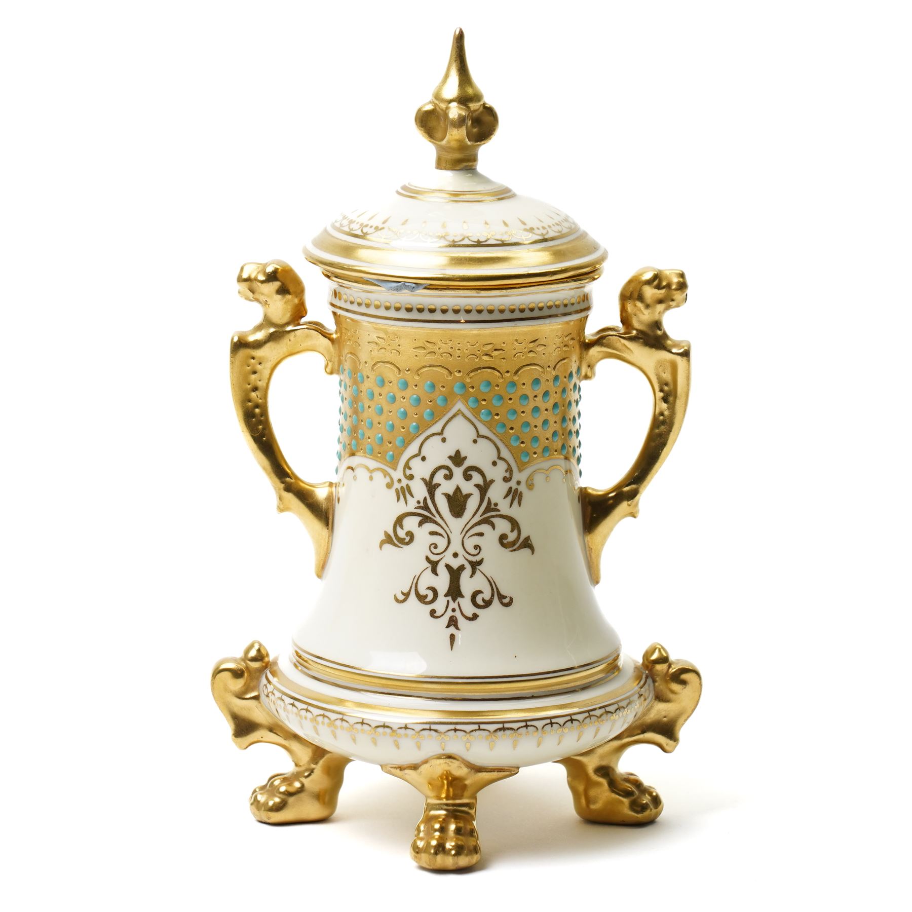 Coalport porcelain jewelled vase and cover, circa 1900, painted with a small enamel reserve of Loch Awe, printed backstamp and gilt numbered V5955, H17cm