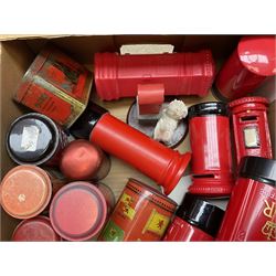 Collection of Post Box money boxes comprising ceramic, tin plate and plastic models, to include Crested Ware money boxes bearing motto ‘I Can’t Get a Letter From You So Send You The Box’ etc in three boxes