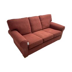 Multiyork - traditional three seat sofa upholstered in claret red fabric (W200cm H80cm); and pair matching armchairs (W103cm) 