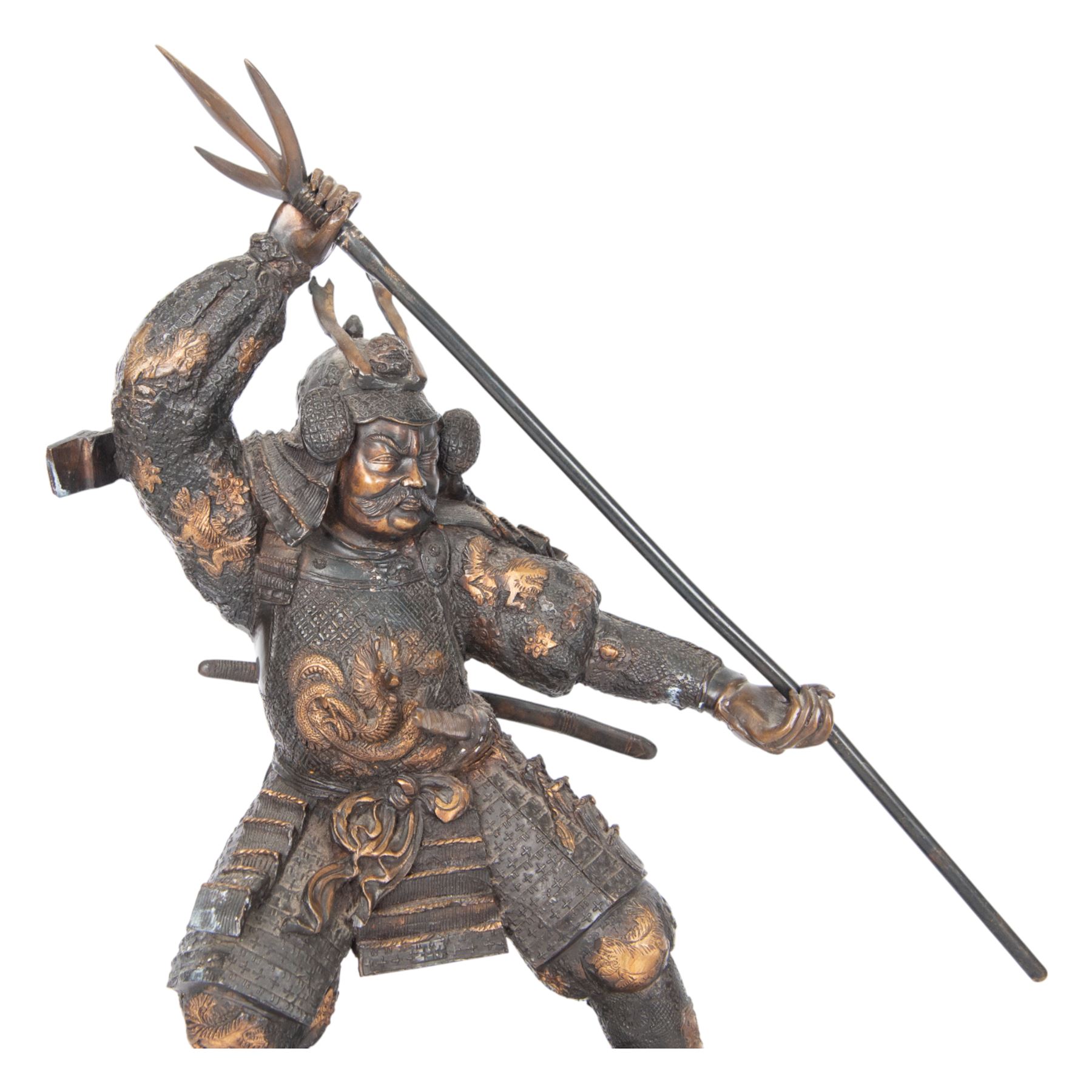 Japanese bronze of a Samurai, possibly Meiji period, standing holding a three pronged spear, on a wave form base, H67cm